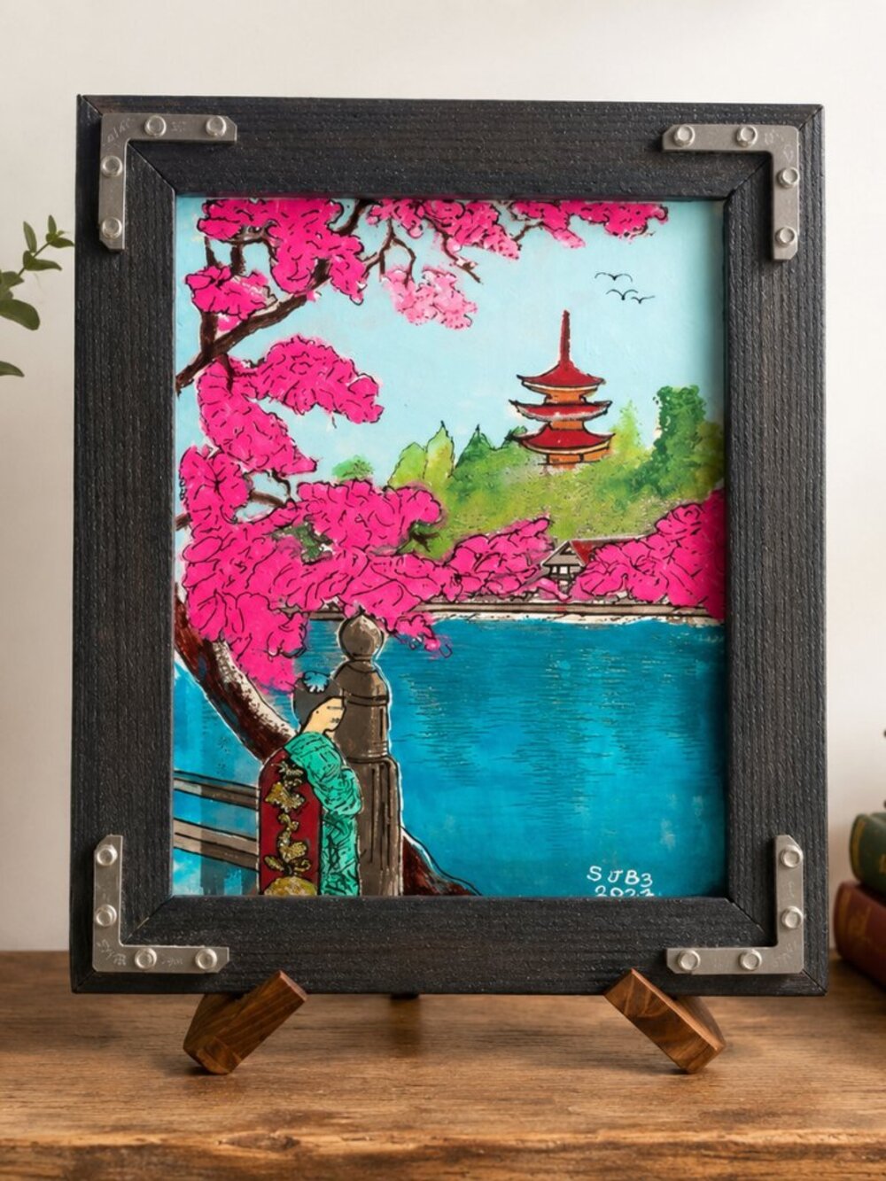 Hand Painted Cherry Blossom Japan Landscape Acrylic Painting Framed 11x14